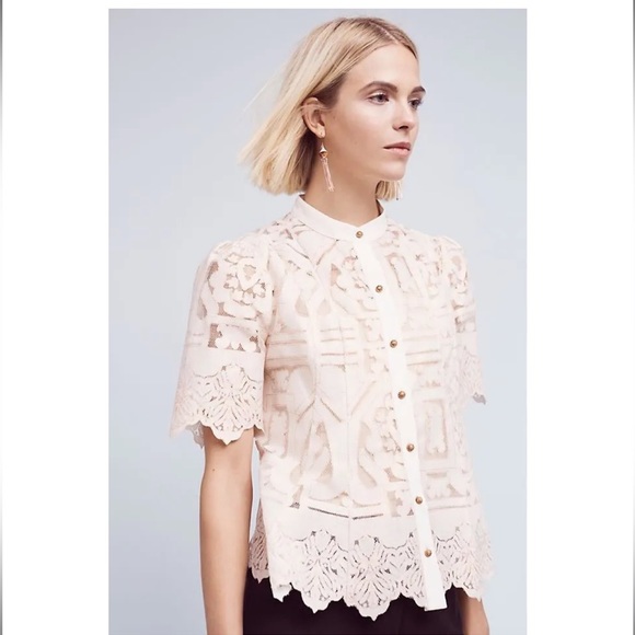 ANTHROPOLOGIE FLOREAT SAGESSE LACE BUTTON DOWN BLOUSE size 0 NWOT - Picture 1 of 6